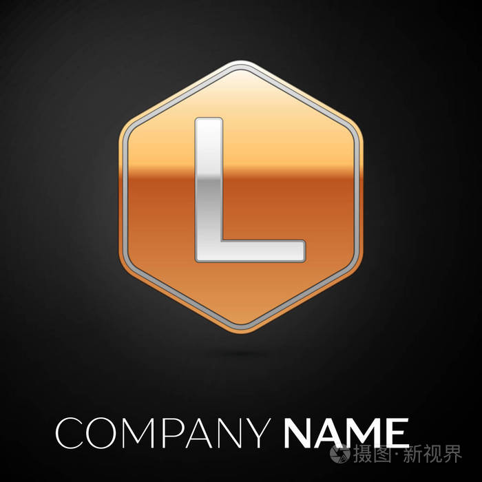 字母l 矢量标志符号在金色六角黑色背景.用于设计的矢量模板