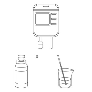 药物和治疗大纲图标集合中的设计。药品和设备矢量符号库存 web 插图