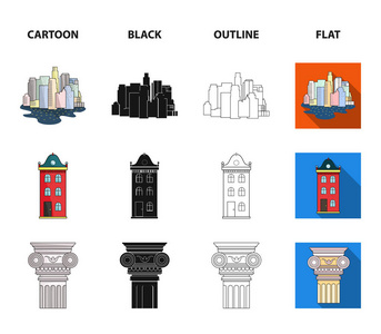 绘图配件, 大都会, 房子模型。建筑集合图标在卡通, 黑色, 轮廓, 平面风格矢量符号股票插画网站
