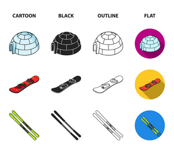 山, 护目镜, 冰屋, 滑雪板。滑雪胜地集合图标在卡通, 黑色, 轮廓, 平面风格矢量符号股票插画网站