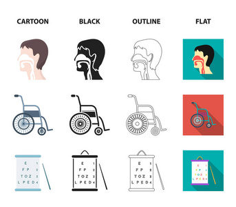 拐杖, 三脚架与试管, 轮椅, 人体呼吸系统。医学集合图标在卡通, 黑色, 轮廓, 平面风格矢量符号股票插画网站