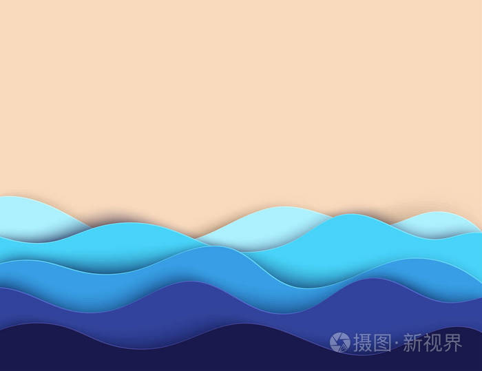 抽象纸艺术海或海洋水波和海滩.夏季背景与海岸.深层剪纸风格