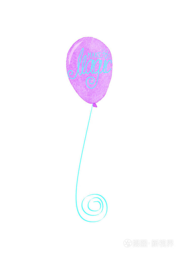 蓝色紫外紫气球被隔绝。制作魔术铭文。抽象水彩自由手例证为明信片邀请横幅