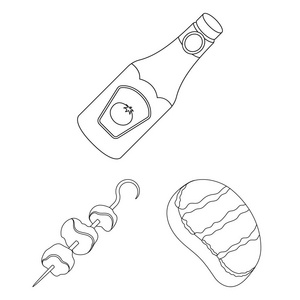 烧烤和设备轮廓图标集合中的设计。野餐和油炸食品矢量符号股票网页插图