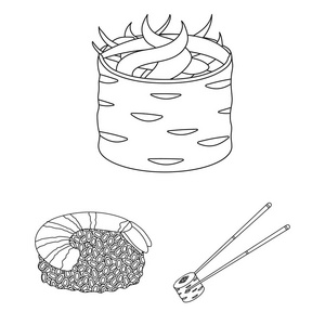 寿司和调味料轮廓图标集合中的设计。海鲜食品, 辅助向量符号股票网站插图