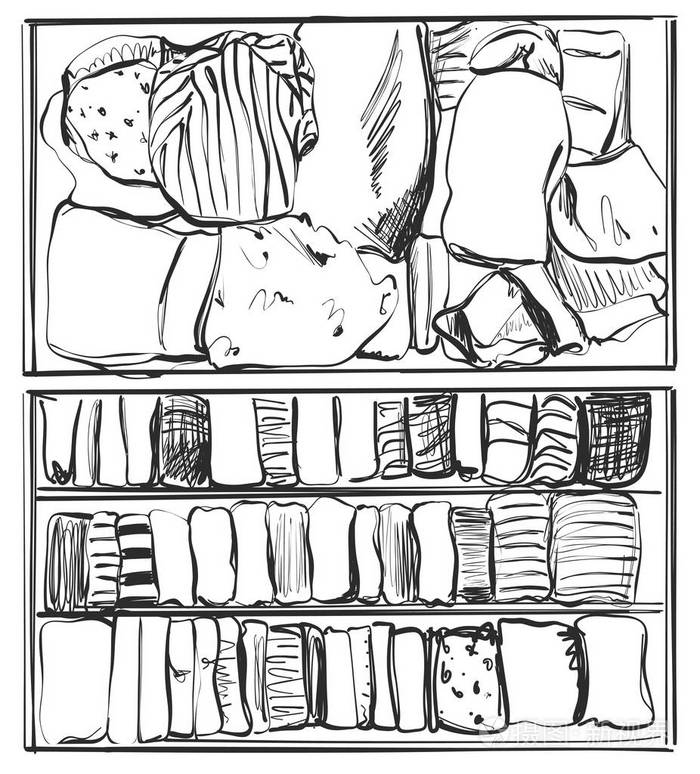 手绘衣柜素描.货架上的衣服.秩序或混乱