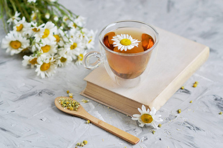 读书时间杯茶与甘菊花在灰色背景, 读书, 自由时间概念照片
