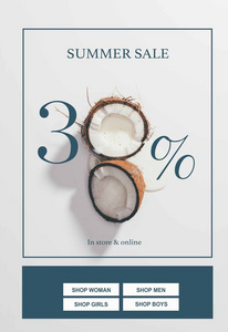 在白色与夏季销售字母减半的有机美味椰子的最高视图