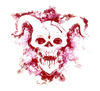 带有宇宙图案的魔鬼脸的红色剪影.死亡符号, 黑魔法概念.