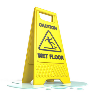 黄色警告滑湿地板标志3d 在白色背景上隔离的渲染插图