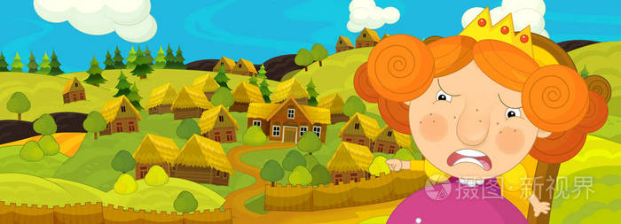 愤怒的公主与红色头发在村庄背景, 卡通场面