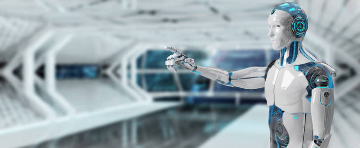 白色男性机器人指着他的手指孤立在宇宙飞船背景3d 渲染