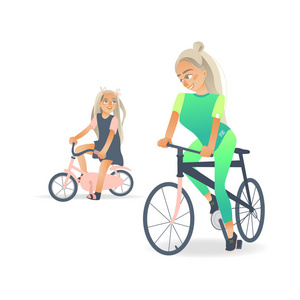 矢量卡通母亲女孩儿童自行车