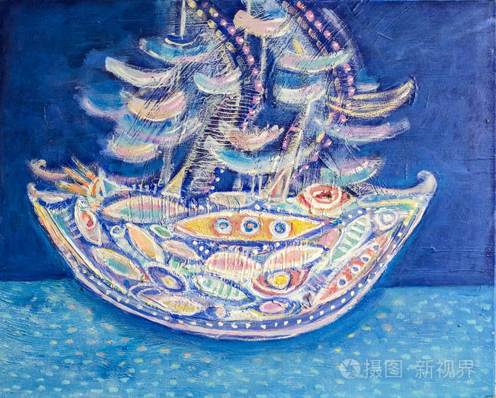 船在海上抽象的质感丙烯酸绘画表面覆盖着抽象的颜料图案画笔笔画作为