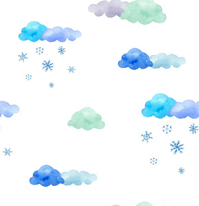 水彩插图与蓝色云彩和雪花