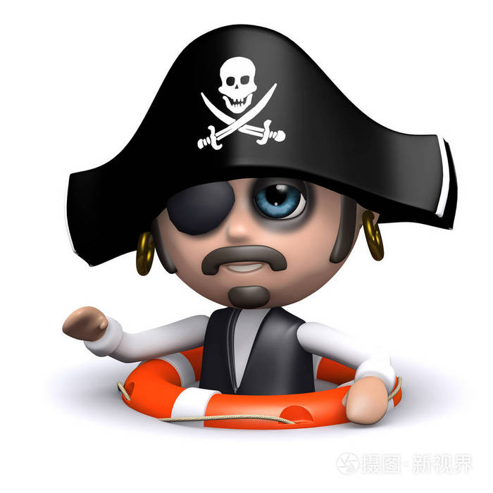 3d 滑稽卡通海盗船长漂浮在一个生命环