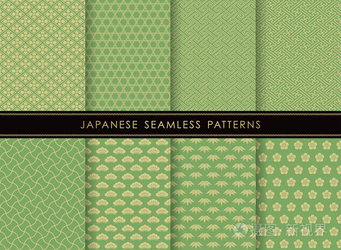 一套日本传统, 无缝图案, 矢量插画。所有这些模式都是水平和垂直可重复的