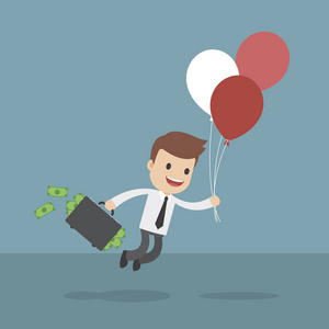 滑稽的卡通商人飘走气球插画