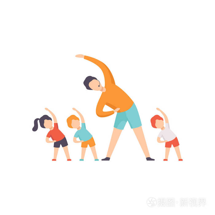 电视节目主持人和孩子们在电视工作室做运动, 在白色背景上显示矢量