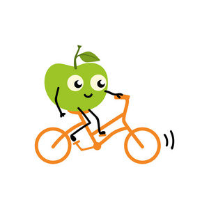 做运动水果绿色新鲜成熟的苹果骑自行车隔离白色背景