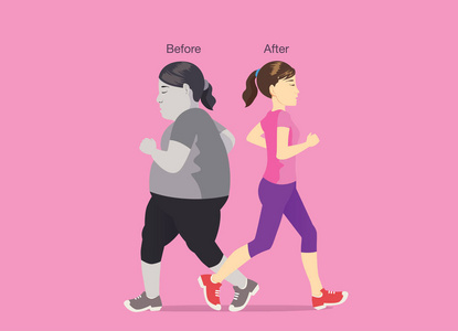 苗条的妇女慢跑过去自己是脂肪。减肥运动说明