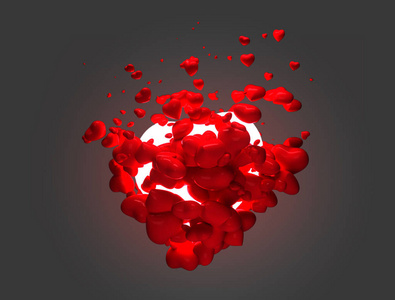 抽象3d 插图与飞行红色和焕发的心脏