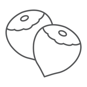 榛子细线图标, 蔬菜和坚果, 素食符号, 矢量图形, 在白色背景上的线性模式, eps 10