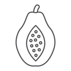 木瓜细纹图标, 水果和维他命, 饮食符号, 矢量图形, 白色背景的线性图案, eps 10