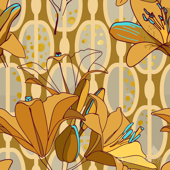 百合, 夹竹桃和图形装饰品.互补套件, 模式组合