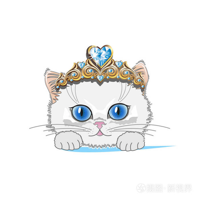 一只带金色皇冠和蓝色水晶的猫.矢量插图