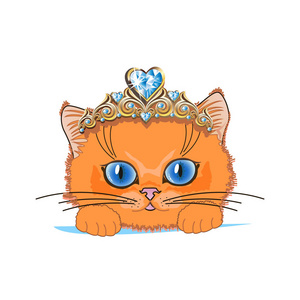 一只带金色皇冠和蓝色水晶的猫。矢量插图