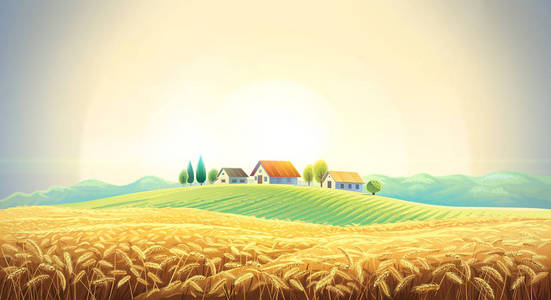 乡村景观, 有麦田和小山上的村庄.光栅插图照片