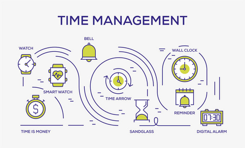 时间管理彩色图标, 矢量插图