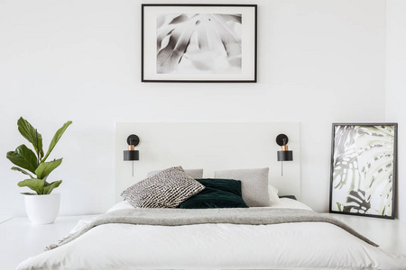 一张床的真实照片站在一个白色的卧室内部与植物和两个海报