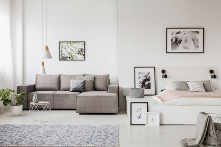 真实照片的灰色沙发站在一个平台床在宽敞的一个房间内平坦的内部