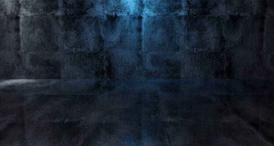 空的黑暗的垃圾混凝土室与蓝色和白色的灯光与空空间3d 渲染插图