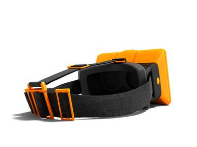 现代橙色虚拟现实玻璃带固定在头上3d 渲染白色背景与阴影