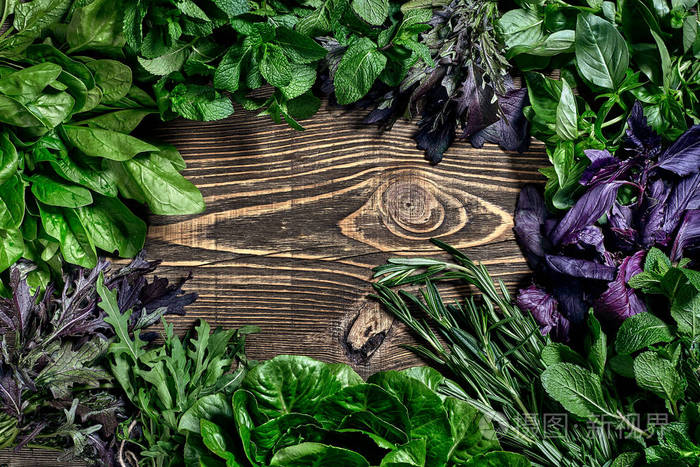 各种新鲜的有机草本在木质背景.新鲜收获的草药, 包括罗勒, 芝麻菜.