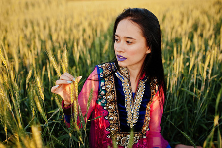 在纱丽的温柔的印度女孩, 紫罗兰色的嘴唇构成在田野上日落。时尚的印度模式