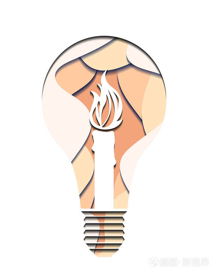 3d. 一盏灯泡的插图, 用燃烧的蜡烛从纸上剪下来。向量元素为您的创造性