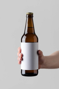 啤酒瓶的模拟。空白标签男性手拿着啤酒瓶在灰色背景上