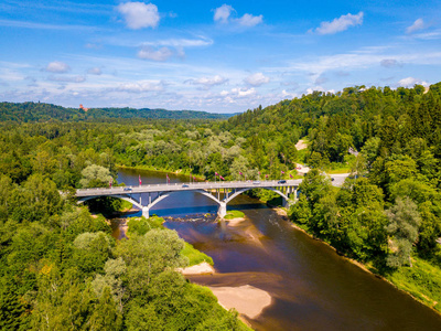 鸟瞰 Sigulda 城市与高亚河河和横跨它的桥梁与缆绳汽车在谷