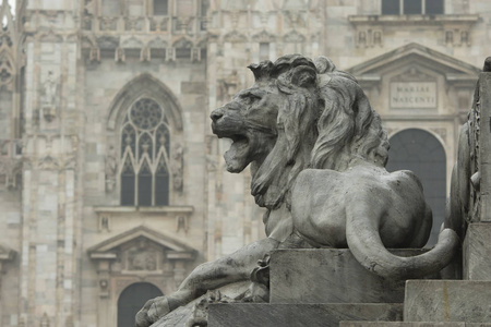 在米兰主广场的大教堂大教堂的石狮雕塑