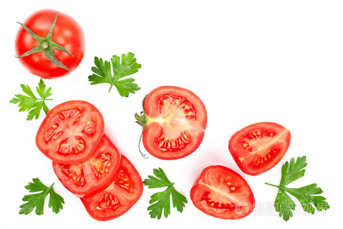带香菜的西红柿叶子上有复制的空间, 你的文本在白色背景下被隔离。顶部视图。平躺