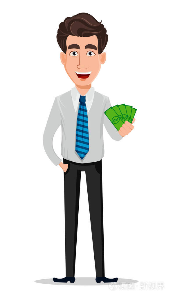 商人, 银行家, 经理, 卡通人物持有的钱.矢量插图