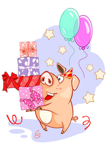 生日人物一个可爱的猪在生日上的插图.卡通人物照片