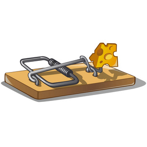 在白色背景的捕鼠器中释放奶酪.矢量卡通特写插图照片