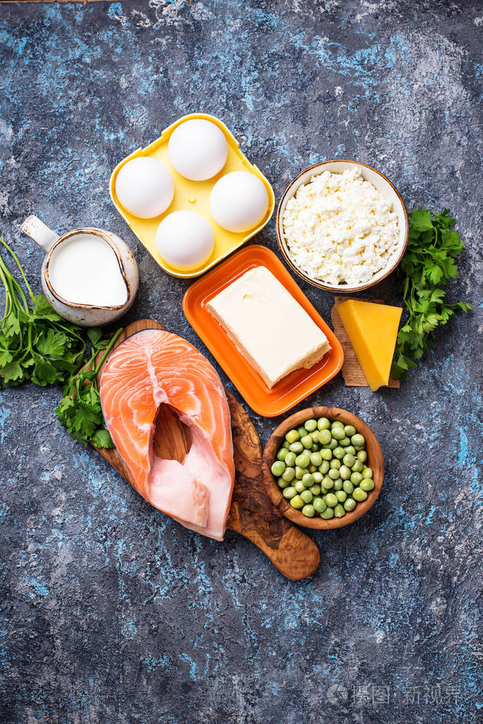 含维生素d的健康食品顶级视图