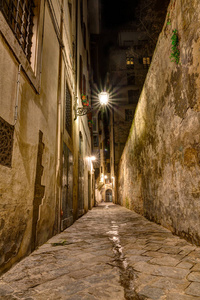 在佛罗伦萨, 托斯卡纳, 意大利的旧路灯照亮夜间黑暗狭窄的小巷