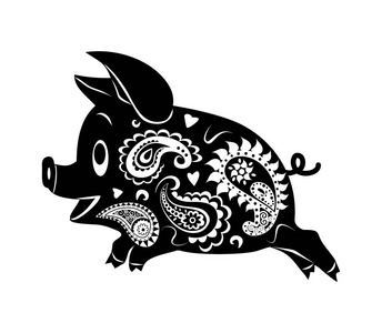 一只正在运行的猪的抽象图画.装饰.矢量2d 插图照片